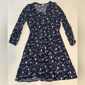 Blue Floral Print Long Sleeve Dress